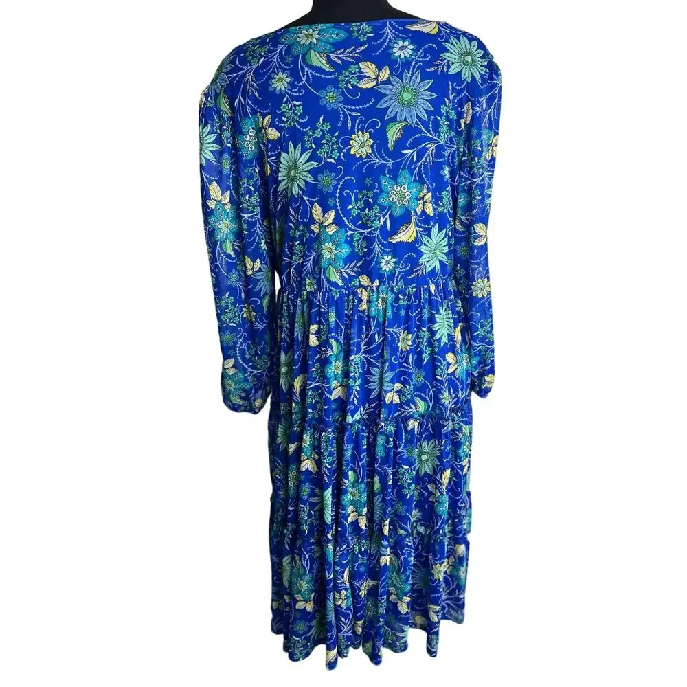 QVC Susan Graver Printed Mesh V-Neck 3/4 Sleeve Tiered Dress NWOT SIZE L LAPIS - Picture 4 of 9